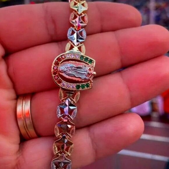 Virgen de Guadalupe Bracelet Green Red Clear CZ Stones Tri Color Gold Filled 7.5 - Picture 1 of 7